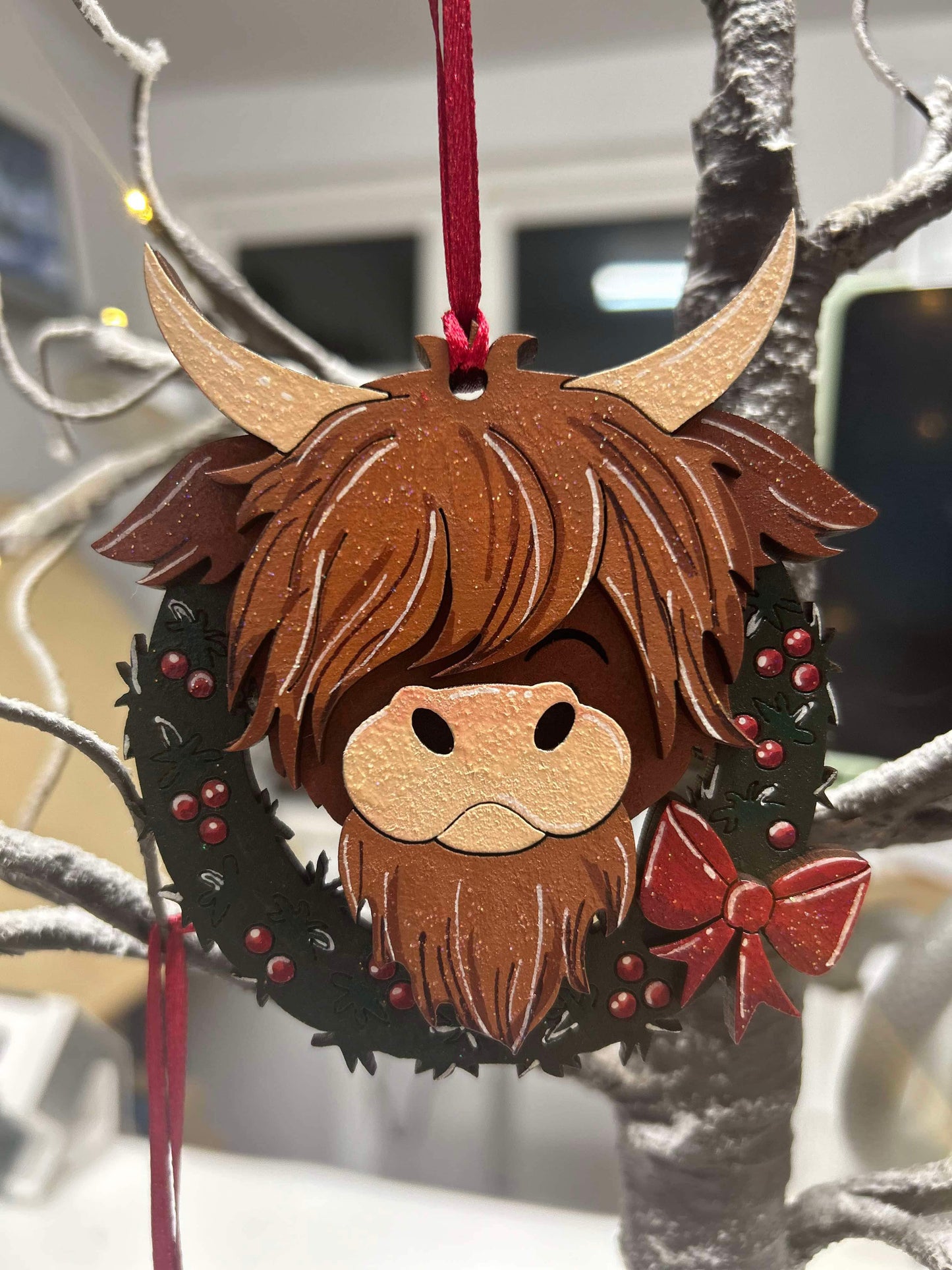 Beautiful hand painted Highland cow tree ornament.