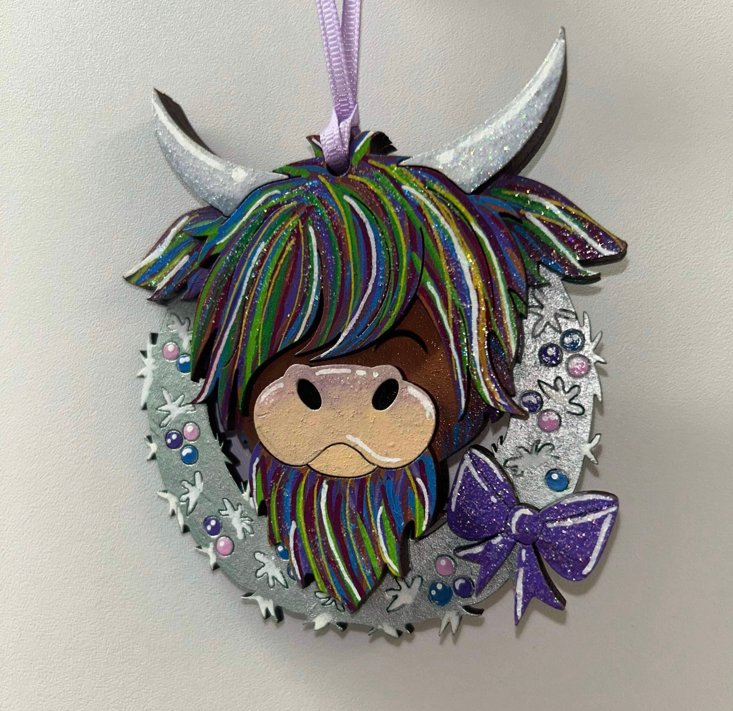 Rainbow Highland cow ornament