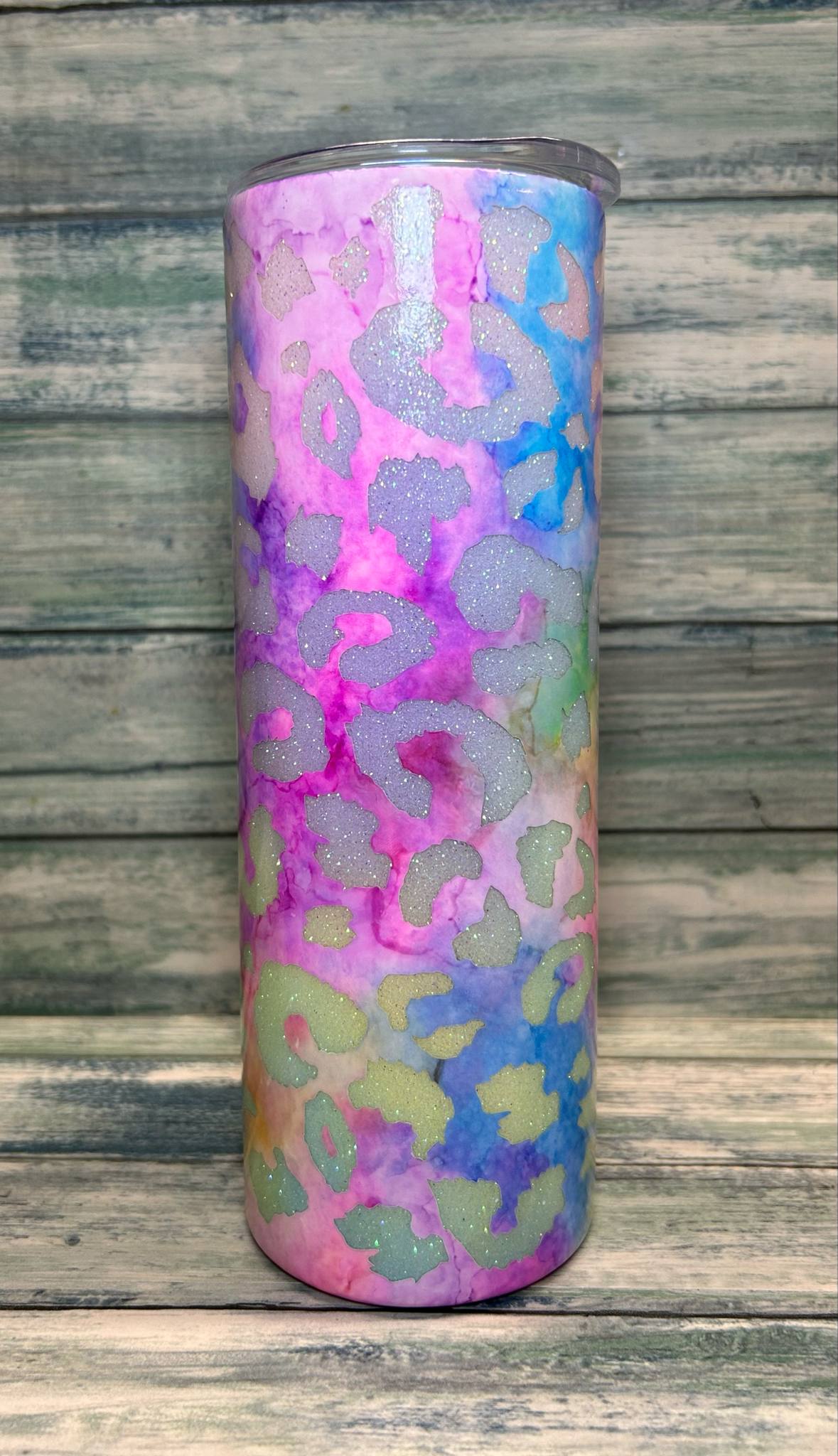 20oz Hand painted Rainbow sparkle leopard print.