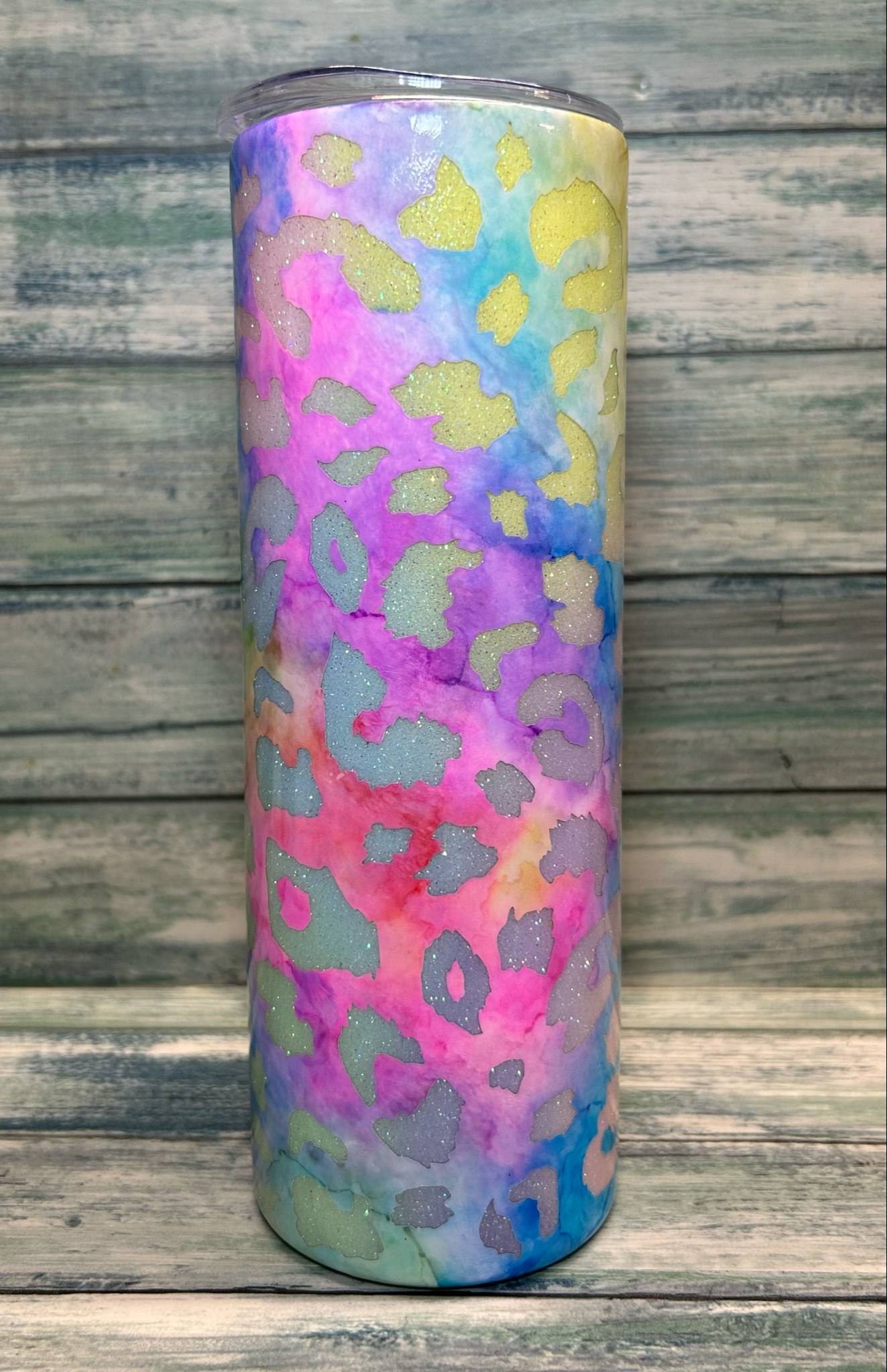 20oz Hand painted Rainbow sparkle leopard print.