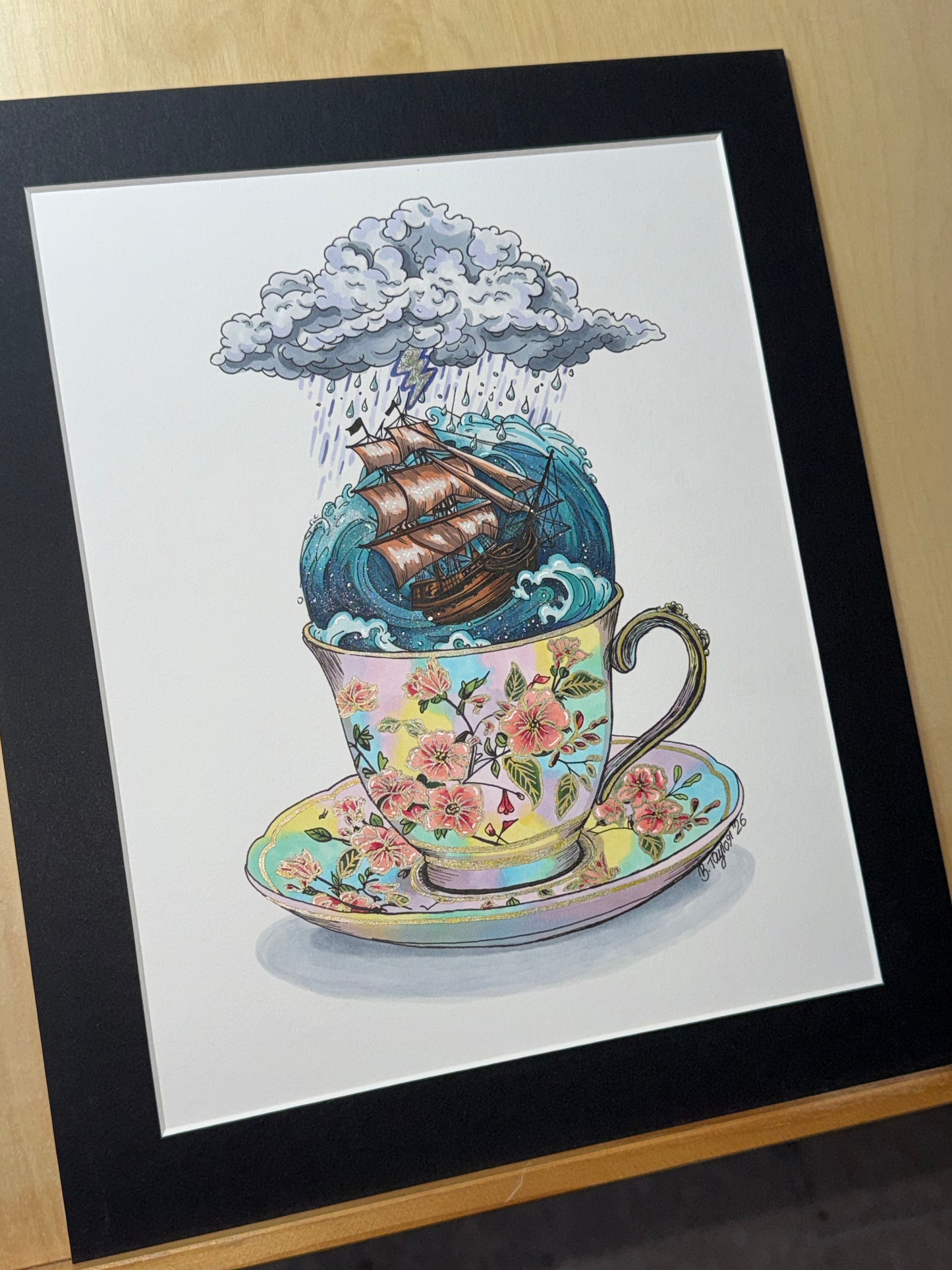 “Storm in a Teacup” original illustration with holographic glitter.