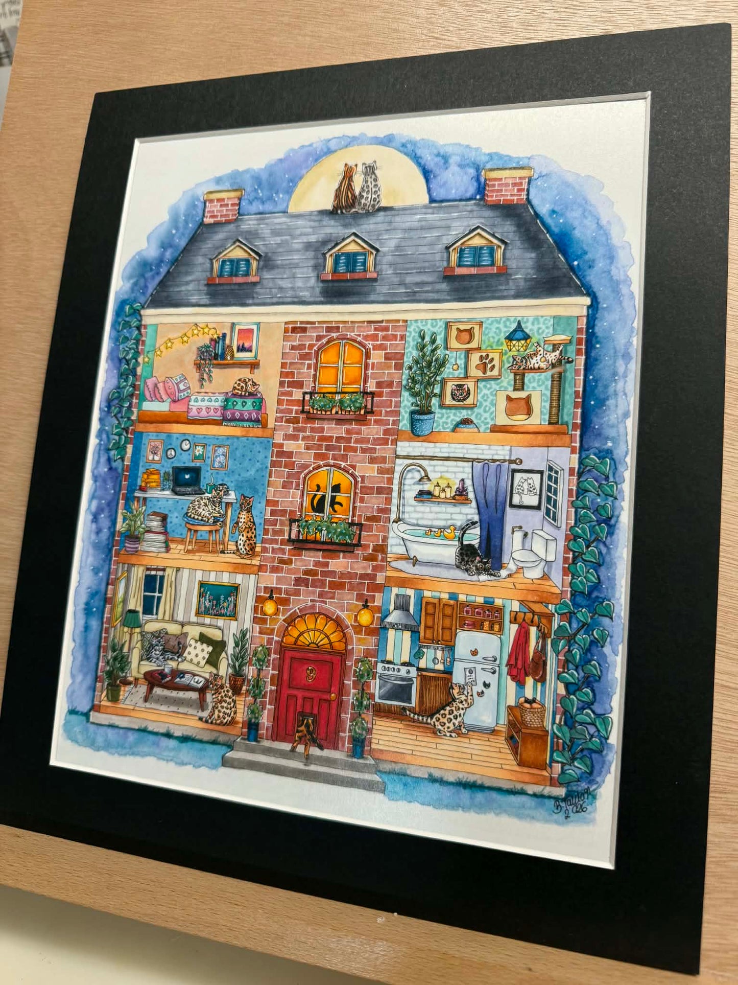 “House of Bengal” watercolour and inks bengal cat illustration.