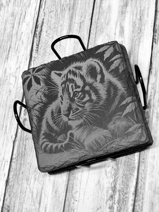 Tiger engraved slate coasters (set of 4)