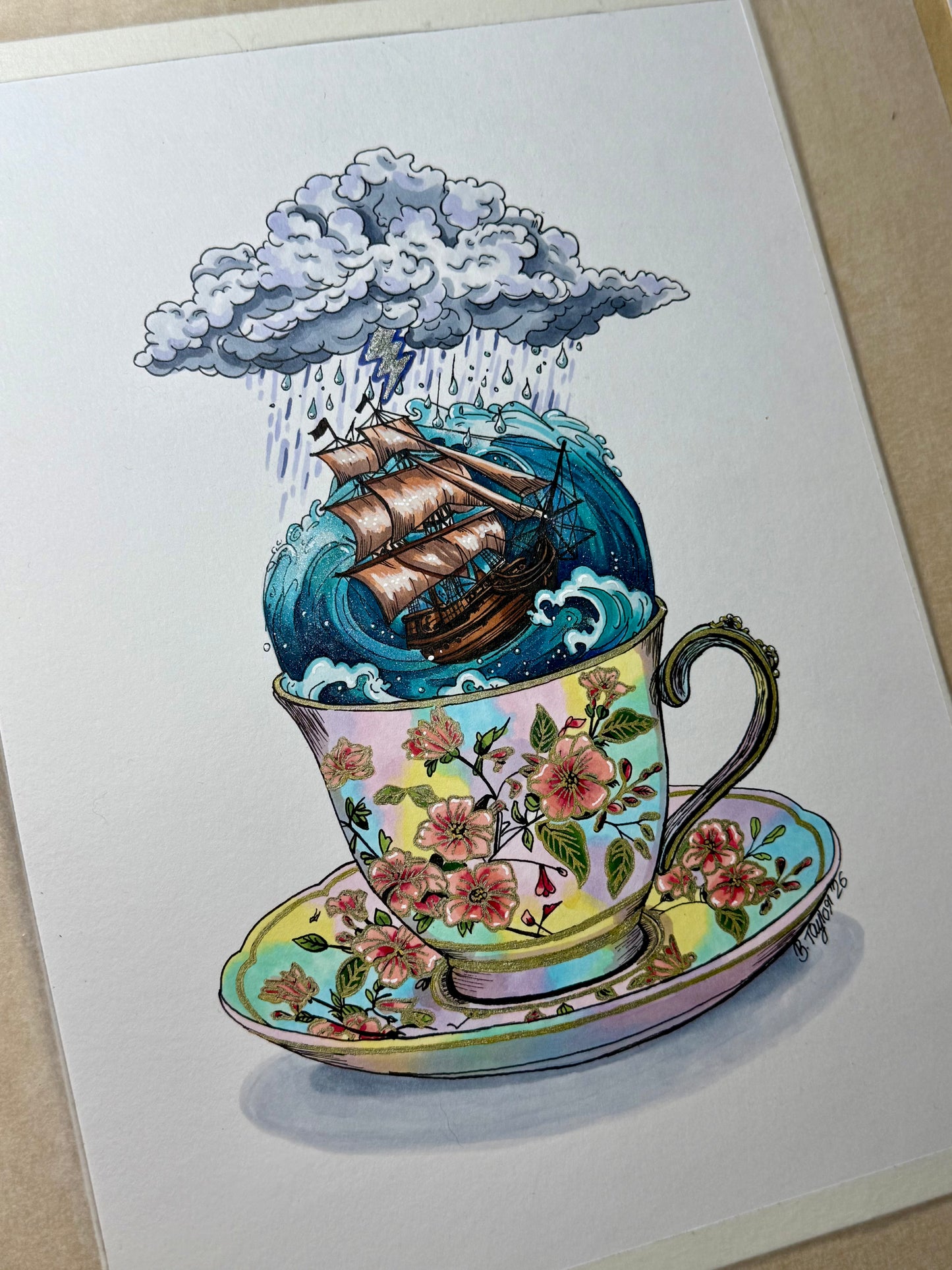 “Storm in a Teacup” original illustration with holographic glitter.