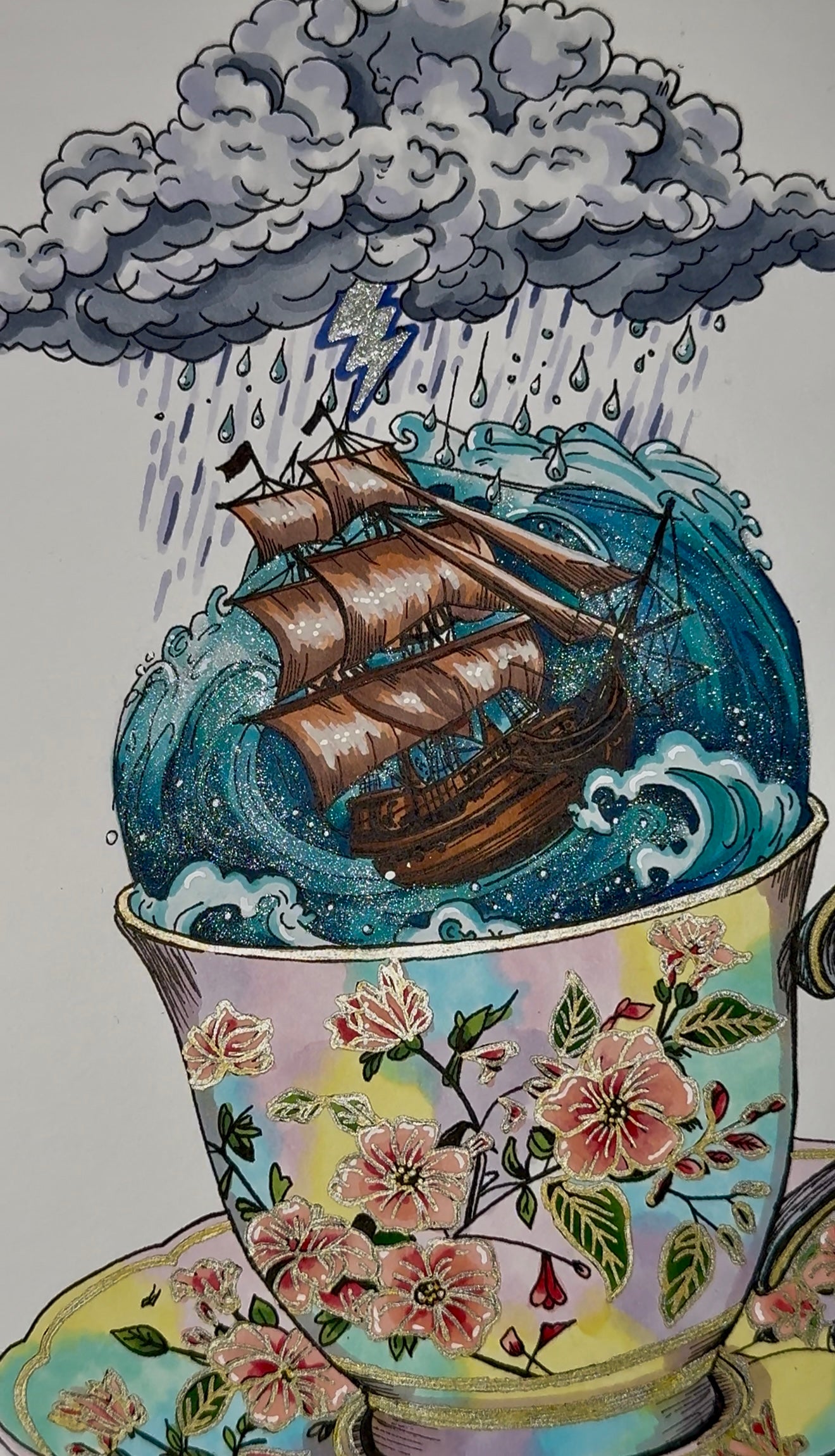 “Storm in a Teacup” original illustration with holographic glitter.