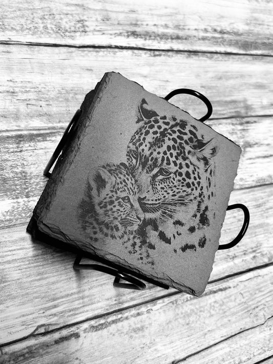 Mother and baby Leopard slate coasters (set of 4)