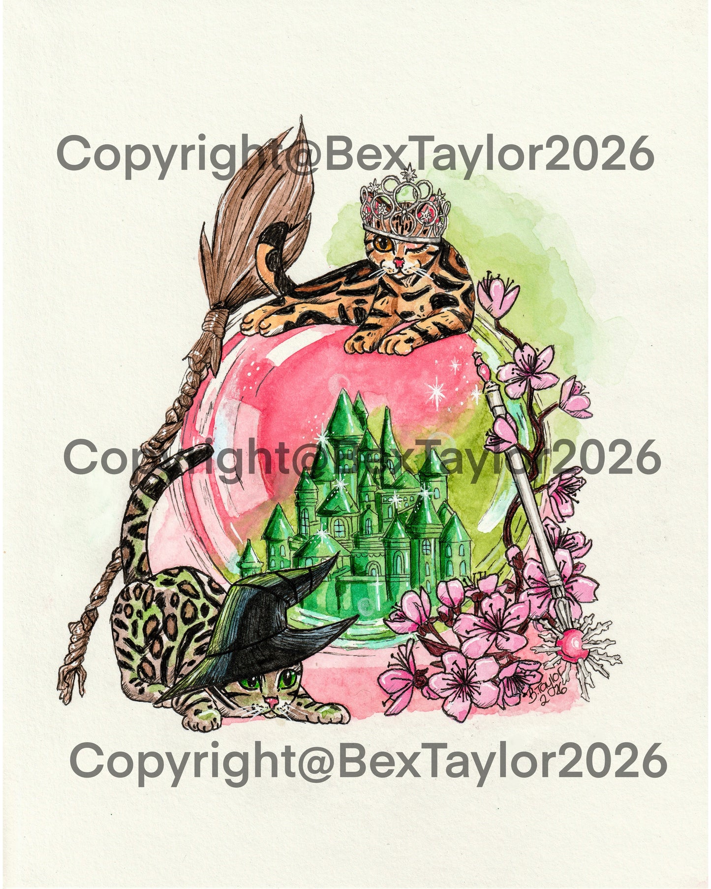 “Wicked” watercolour Bengal cat illustration.
