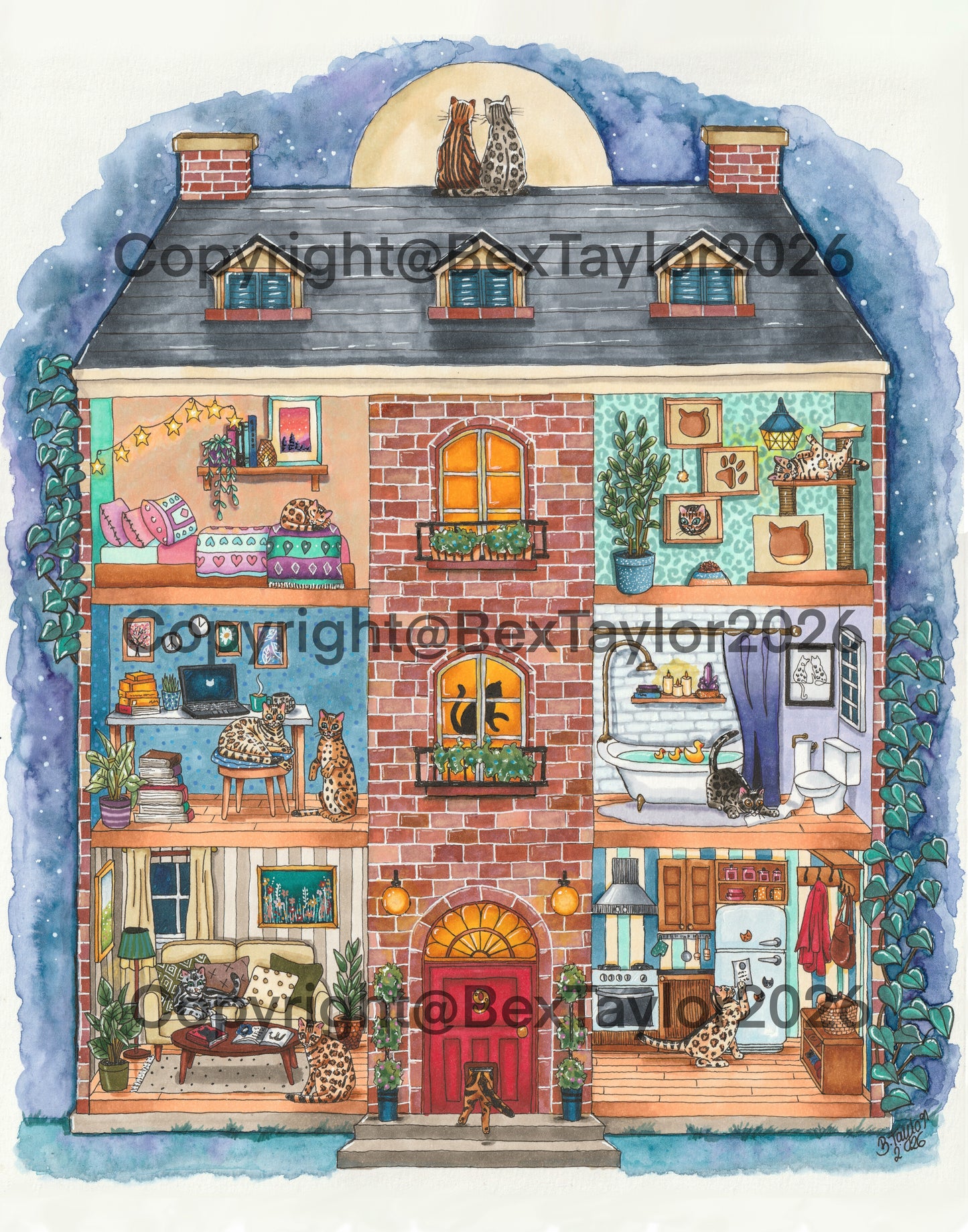 “House of Bengal” watercolour and inks bengal cat illustration.