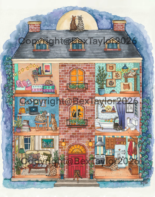 “House of Bengal” watercolour and inks bengal cat illustration.